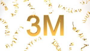 3m followers symbol with confetti 3d rendering. Gold 3M 3d number illustration on white background. Celebration or thank you concept banner.